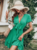 Robe Eté Courte Femme à Col V à Lacets avec Manches Courtes Coupe Cintrée Bas Evasée Unicolore