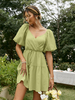 Robe Eté Courte Femme à Col V avec Manches Courtes Amples Coupe Cintrée à Lacets Bas Evasée Unicolore