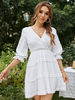 Robe Eté Courte Femme à Col V avec Manches Courtes Coupe Cintrée à Lacets Bas Evasée Unicolore