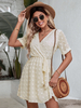 Robe Eté Courte Femme à Col V avec Manches Courtes Coupe Cintrée à Lacets Bas Evasée Unicolore