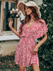 Robe Eté Courte Femme à Col V avec Manches Courtes Volantes Coupe Cintrée Bas Evasée Bicolores