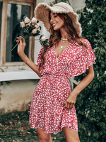 Robe Eté Courte Femme à Col V avec Manches Courtes Volantes Coupe Cintrée Bas Evasée Bicolores