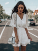 Robe Eté Courte Femme à Col V avec Manches Courtes Volantes Coupe Cintrée Bas Evasée Unicolore