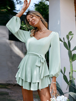 Robe Eté Courte Femme à Col V avec Manches Longues Amples Coupe Cintrée à Lacets Bas Evasée Unicolore