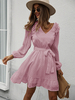 Robe Eté Courte Femme à Col V avec Manches Longues Amples Coupe Cintrée à Lacets Bas Evasée Unicolore