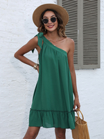 Robe Eté Courte Femme avec Bretelle à Lacets Bas Evasée Unicolore