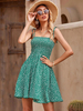 Robe Eté Courte Femme avec Bretelles à Col Carré Coupe Cintrée Bas Evasée Imprimé Robe de Patineuse