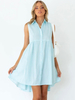 Robe Eté Courte Femme avec Bretelles à Col Revers Bas Evasée Unicolore