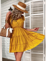 Robe Eté Courte Femme avec Bretelles à Lacets Coupe Cintrée Bas Evasée Unicolore