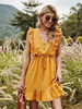 Robe Eté Courte Femme avec Bretelles avec Volantes à Col V Coupe Cintrée à Lacets Bas Evasée Unicolore