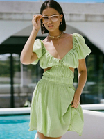Robe Eté Courte Femme avec Manches Courtes à Col Décolleté Coupe Cintrée à Lacets Unicolore
