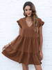 Robe Eté Courte Femme avec Manches Courtes à Col V Bas Evasée Unicolore