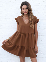 Robe Eté Courte Femme avec Manches Courtes à Col V Bas Evasée Unicolore