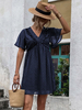Robe Eté Courte Femme avec Manches Courtes Volantes à Col V Coupe Cintrée Bas Evasée Unicolore