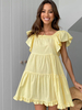Robe Eté Courte Femme avec Manches Courtes Volantes Bas Evasée Unicolore