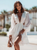 Robe Eté Courte Femme avec Manches Longues à Col Décolleté en V Coupe Cintrée Unicolore
