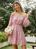 Robe Eté Courte Femme avec Manches Longues Amples avec Epaule Dénudée Coupe Cintrée Bas Evasée Unicolore