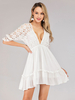Robe Eté Courte Femme Creusante à Col Décolleté en V avec Manches Mi-longues Coupe Cintrée Bas Evasée Unicolore
