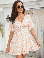 Robe Eté Courte Femme Imprimé à Col V à Lacets avec Manches Courtes Volantes Couep Cintrée Bas Evasée