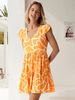 Robe Eté Courte Femme Imprimé à Col V avec Manches Courtes Bas Evasée Bicolores