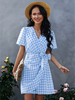 Robe Eté Courte Femme Imprimé à Col V avec Manches Courtes Coupe Cintrée à Lacets Bicolores
