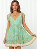 Robe Eté Courte Femme Imprimé avec Bretelles à Col Décolleté en V Coupe Cintrée Bas Evasée