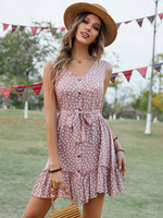 Robe Eté Courte Femme Imprimé avec Bretelles Col V Coupe Cintrée à Lacets Bas Evasée Bicolores