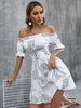 Robe Eté Courte Femme Imprimé avec Manches Courtes Amples avec Epaule Dénudée Coupe Cintrée Bas Evasée Bicolores