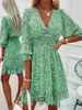 Robe Eté Courte Femme Imprimé avec Manches Longues à Col V Coupe Cintrée Bicolores