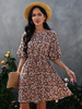 Robe Eté Courte Femme Imprimé avec Manches Mi-longues Coupe Cintrée Bas Evasée