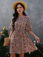Robe Eté Courte Femme Imprimé avec Manches Mi-longues Coupe Cintrée Bas Evasée