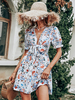 Robe Eté Courte Femme Imprimé Fleurie à Col V avec Manches Courtes Amples Coupe Cintrée à Lacets Bas Evasée