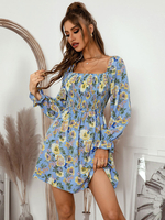 Robe Eté Courte Femme Imprimé Fleurie avec Manches Longues Amples à Col Carré Coupe Cintrée Bas Evasée