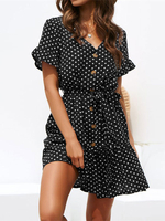 Robe Eté Courte Femme Imprimé Pois à Col V avec Manches Courtes Coupe Cintrée à Lacets Bas Evasée Bicolores Robe de Plage Robe de Patineuse