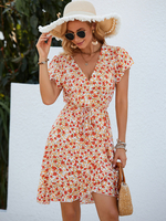 Robe Eté Courte Femme Imprimée à Col V avec Manches Courtes Coupe Cintrée Bas Evasée