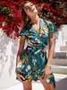 Robe Eté Courte Femme Imprimés Florales à Col V avec Manches Courtes Coupe Cintrée à Lacets Bas Evasée Multicolores Robe Courte Sexy