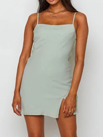 Robe Eté Courte Femme Sexy avec Bretelles à Col Carré Coupe Cintrée avec Fente Unicolore Robe de Plage Robe Moulante