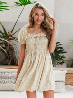 Robe Eté Courte Femmes Imprimé les Fleurs à Col Carré Volant à Lacets avec Manches Courtes Coupe Cintrée Bas Evasée Robe Eté Courte Femmes