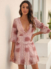Robe Eté Courte Imprimé à Col Décolleté en V avec Manches Mi-longues Coupe Cintrée Bas Evasée
