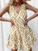 Robe Eté Courte Imprimé à Col V avec Bretelles Coupe Cintrée Bas Evasée Bicolores