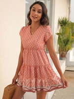 Robe Eté Courte Imprimé à Col V avec Manches Courtes Coupe Cintrée Bas Evasée