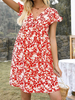 Robe Eté Courte Imprimé à Col V avec Manches Courtes Volantes Coupe Cintrée Bas Evasée Bicolores