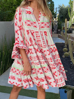 Robe Eté Courte Imprimé à Col V avec Manches Mi-longues Bas Evasée