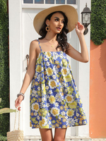 Robe Eté Courte Imprimé avec Bretelles Bas Evasée Robe Droite