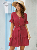 Robe Eté Courte Imprimé en Mousseline Sexy Femme à Col Décolleté en V avec Manches Longues Amples Coupe Cintrée à Lacets Bas Evasée Bicolores Robe Eté Sexy Robe de Patineuse