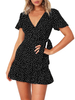 Robe Eté Courte Imprimé en Mousseline Sexy Femme à Col Décolleté en V avec Manches Longues Amples Coupe Cintrée à Lacets Bas Evasée Bicolores Robe Eté Sexy Robe de Patineuse