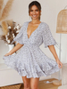 Robe Eté Courte Imprimé Femme à Col Décolleté en V Coupe Cintrée Bas Evasée