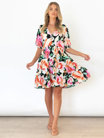 Robe Eté Courte Imprimé Femme à Col V avec Manches Courtes Bas Evasée