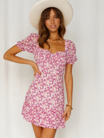 Robe Eté Courte Imprimé Femme avec Manches Courtes à Col V Bicolores