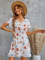 Robe Eté Courte Imprimé Femme avec Manches Courtes à Col V Coupe Cintrée